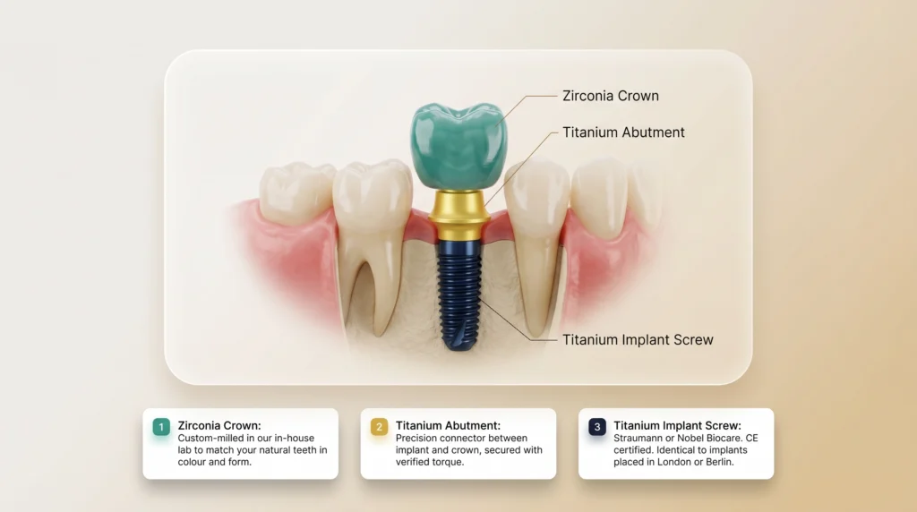 3D rendering of a dental implant highlighting the threaded titanium artificial root and the lifelike ceramic crown.